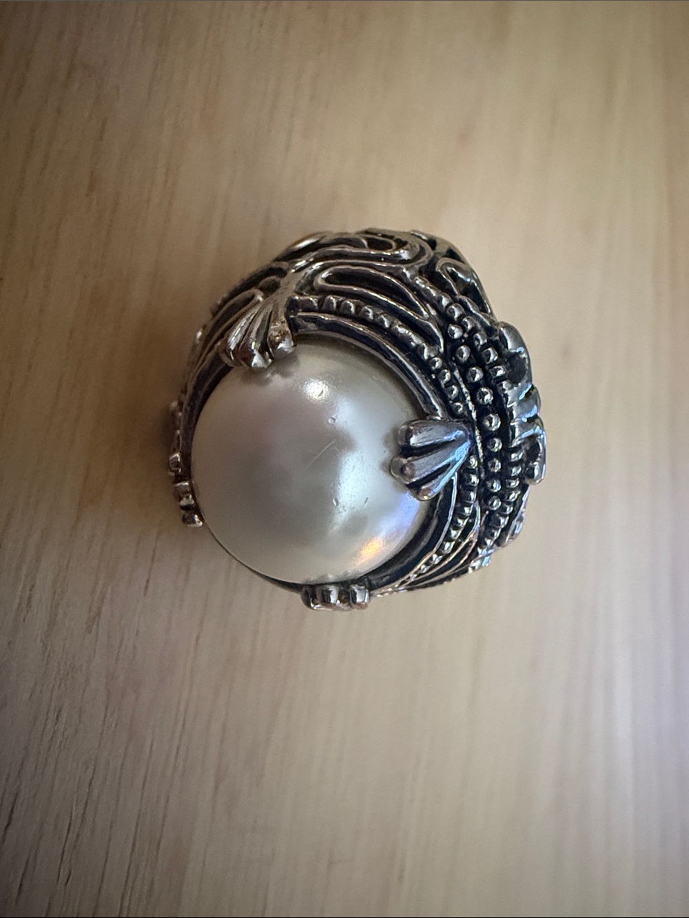 Vintage Premier Designs Silver Ornate Statement Ring Gaux Pearl BOHO